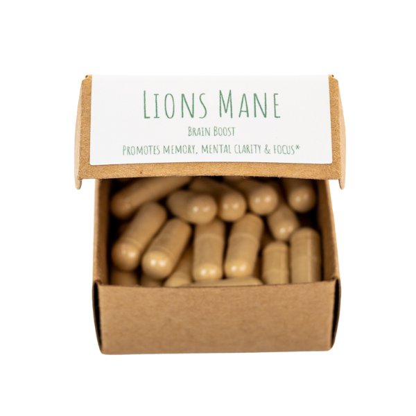 Lions Mane Mushroom Supplements in capsules in box