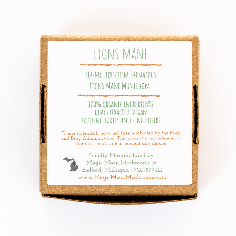 Lions Mane Mushroom Supplements back of box